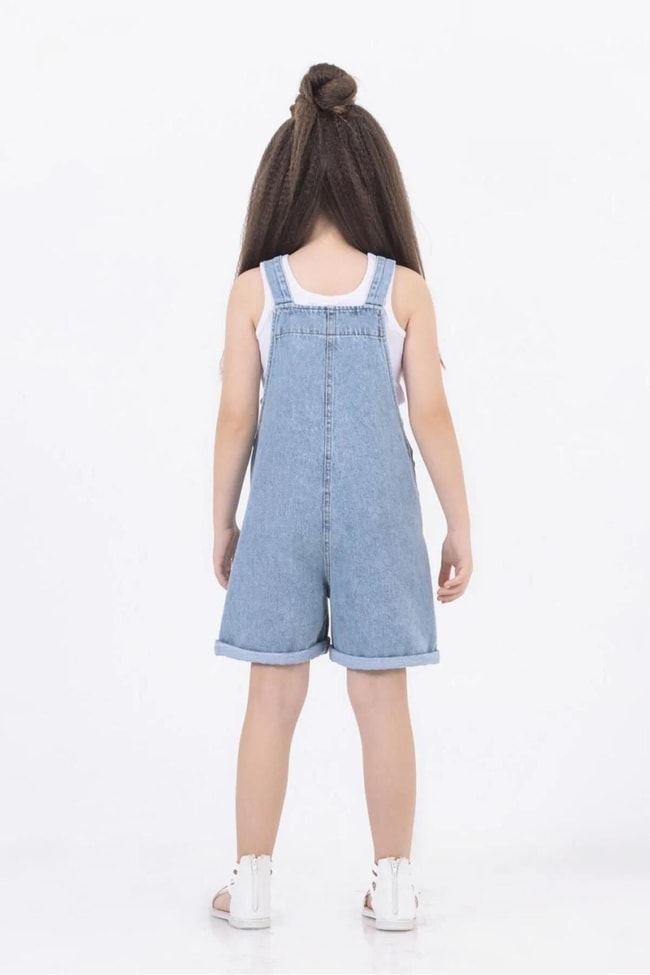 Kız Çocuk Mavi Kot Denim Şortlu Salopet Tulum