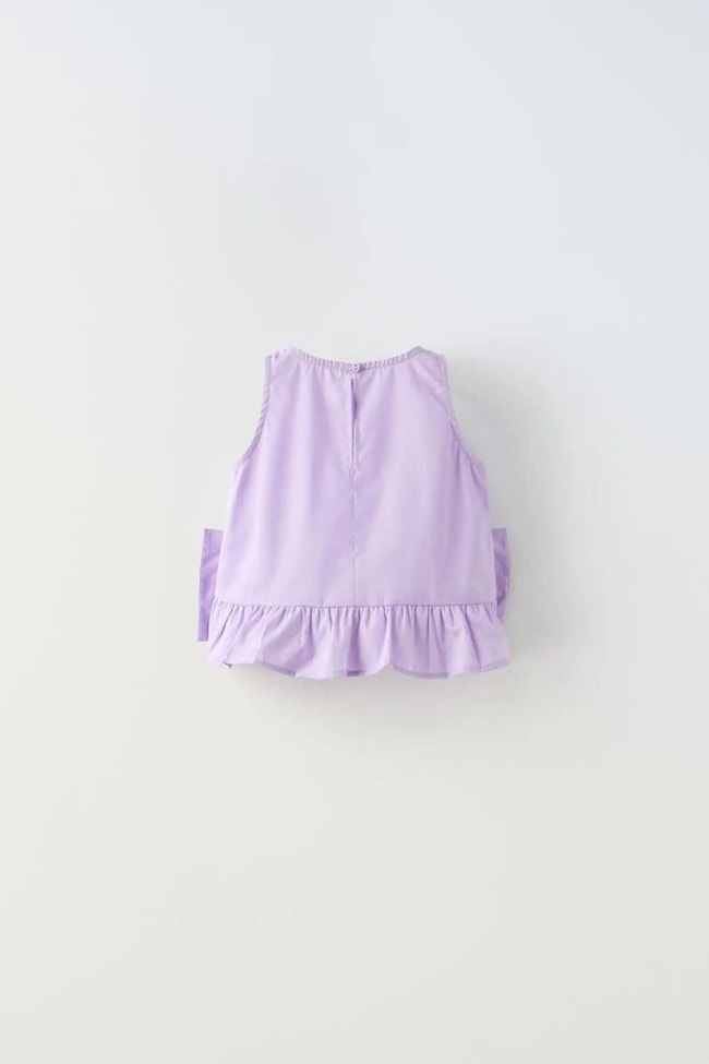 Kız Çocuk Mor Poplin Fiyonklu Gömlek Pantolon Alt-Üst Takım