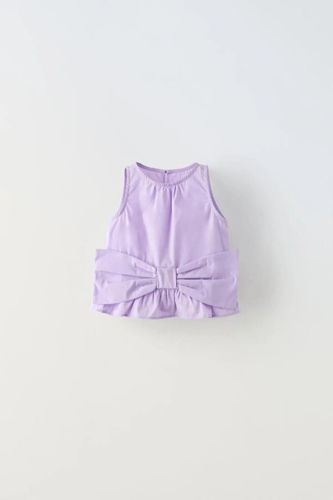 Kız Çocuk Mor Poplin Fiyonklu Gömlek Pantolon Alt-Üst Takım