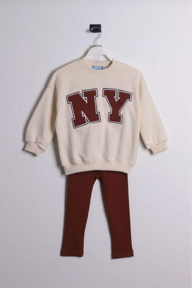 Kız Çocuk New York Desenli Kışlık Pamuklu Sweatshirt Tayt Alt-Üst Takım