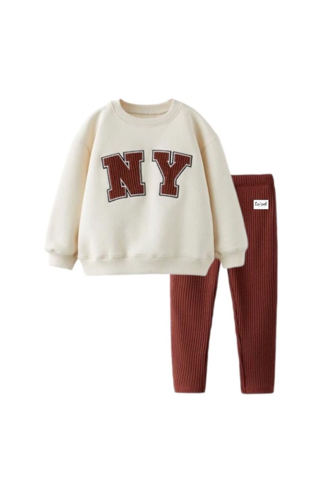 Kız Çocuk New York Desenli Kışlık Pamuklu Sweatshirt Tayt Alt-Üst Takım