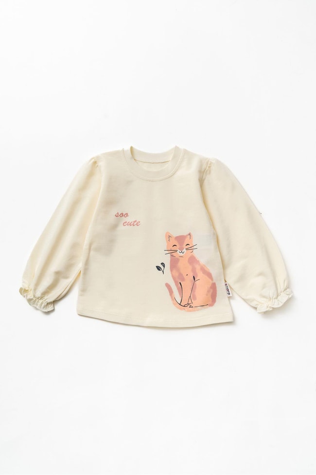 Kız Çocuk Pamuklu Kedi Desenli Body Sweatshirt