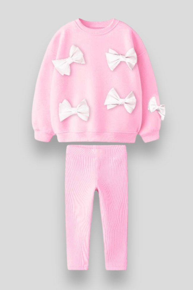 Kız Çocuk Pembe Fiyonklu Pamuklu Sweatshirt Tayt Alt-Üst Takım
