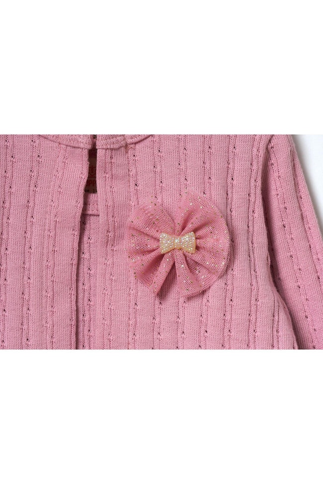 Kız Çocuk Pembe Kurdela Desenli Pamuklu Çıtçıtlı Ceketli Elbise