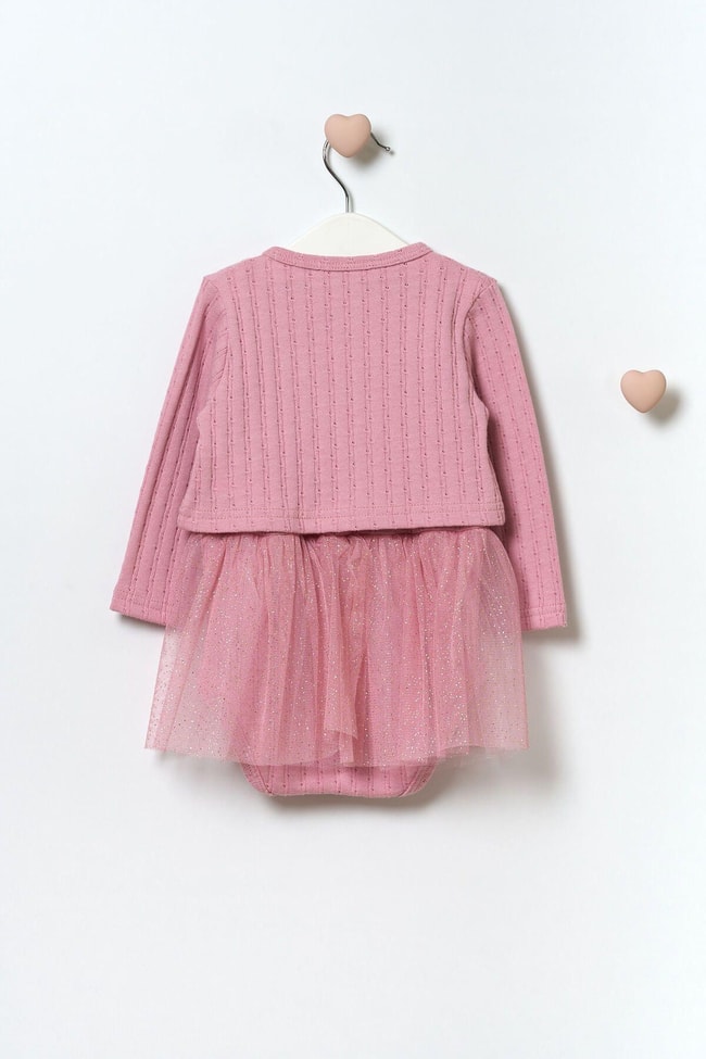 Kız Çocuk Pembe Kurdela Desenli Pamuklu Çıtçıtlı Ceketli Elbise