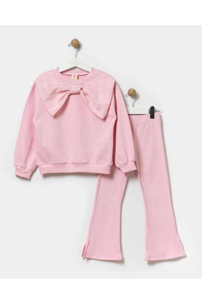 Kız Çocuk Pembe Kurdela Desenli Sweatshirt İspanyol Tayt Alt-Üst Takım