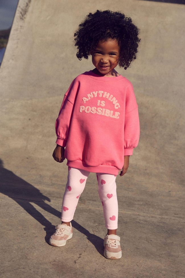 Kız Çocuk Pembe Süzene Sloganlı Kışlık 3 İplik Pamuklu Sweatshirt Kalpli Tayt Alt-Üst Takım