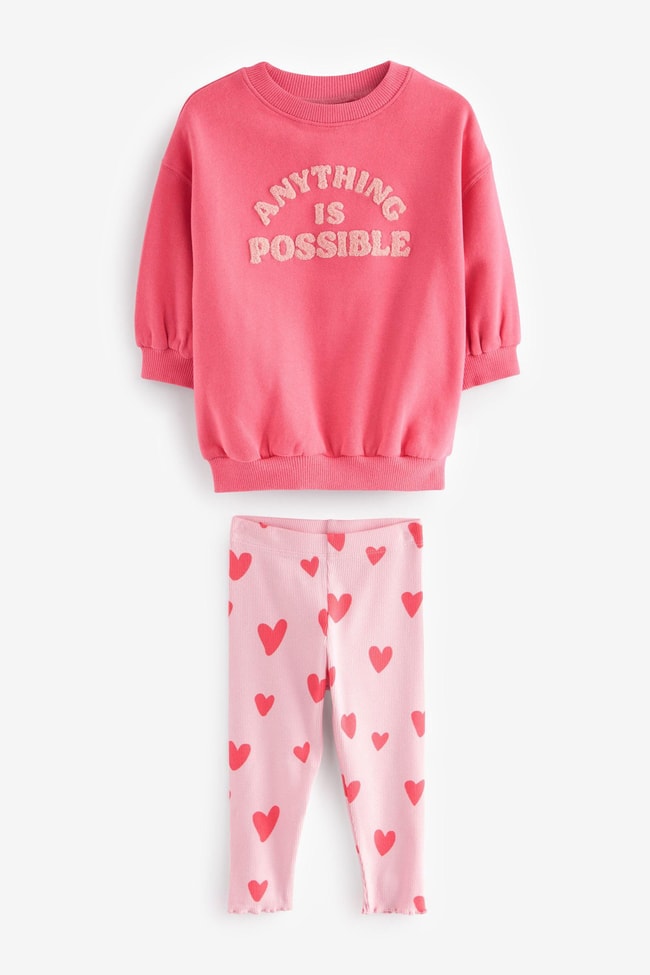 Kız Çocuk Pembe Süzene Sloganlı Kışlık 3 İplik Pamuklu Sweatshirt Kalpli Tayt Alt-Üst Takım
