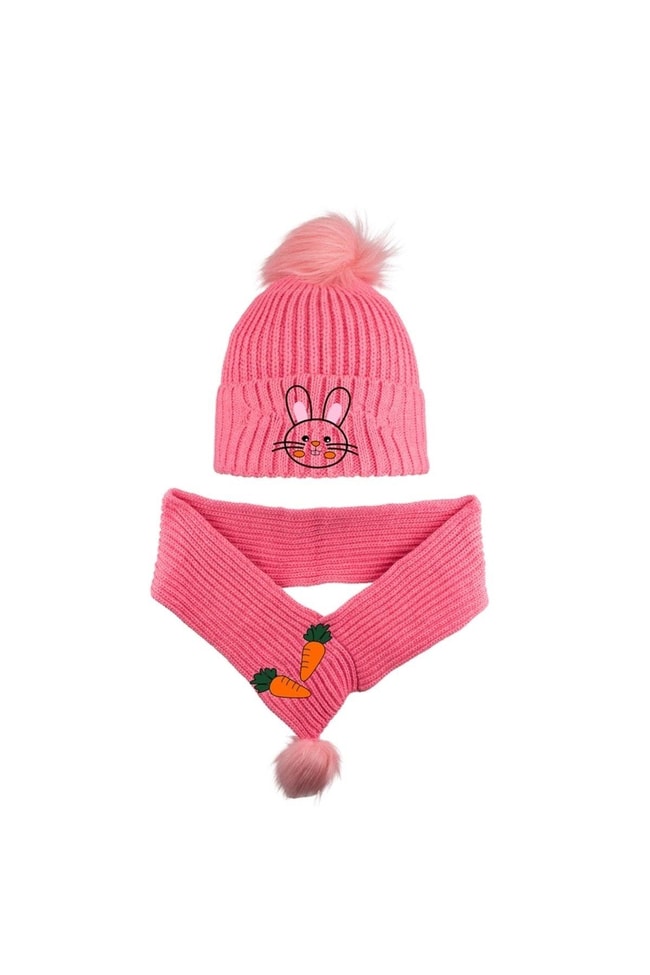 Kız Çocuk Pembe Tavşan Atkı Bere Takım 4-8 Yaş