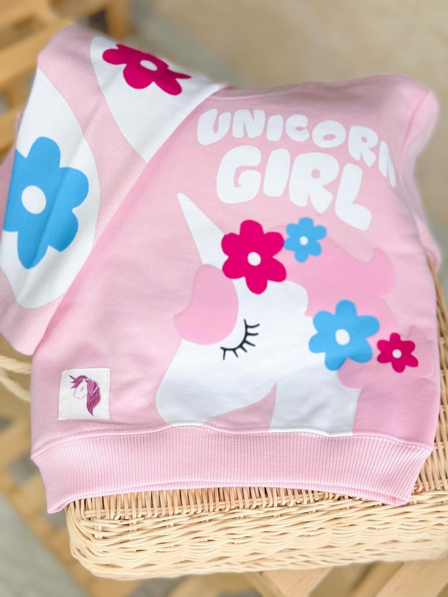 Kız Çocuk Pembe Unicorn 3 iplik Kışlık Pamuklu Kapüşonlu Sweatshirt Tayt Alt-Üst Takım