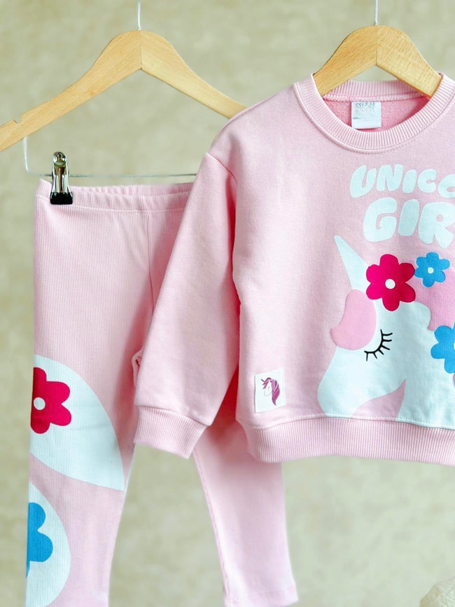 Kız Çocuk Pembe Unicorn 3 iplik Kışlık Pamuklu Kapüşonlu Sweatshirt Tayt Alt-Üst Takım