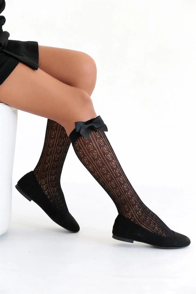 Kız Çocuk Siyah Orietta Fiyonklu Dizaltı Çorap