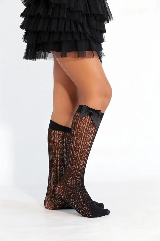 Kız Çocuk Siyah Orietta Fiyonklu Dizaltı Çorap