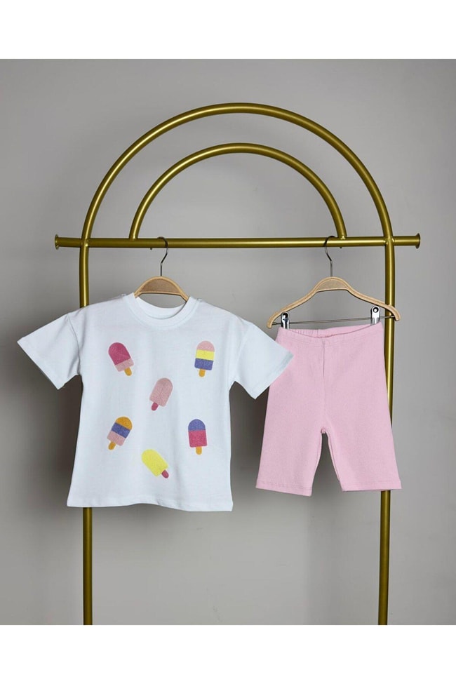 Kız Çocuk Süzezne Kumaş Dondurma Desenli Pamuklu T-shirt Şort Alt-Üst Takım