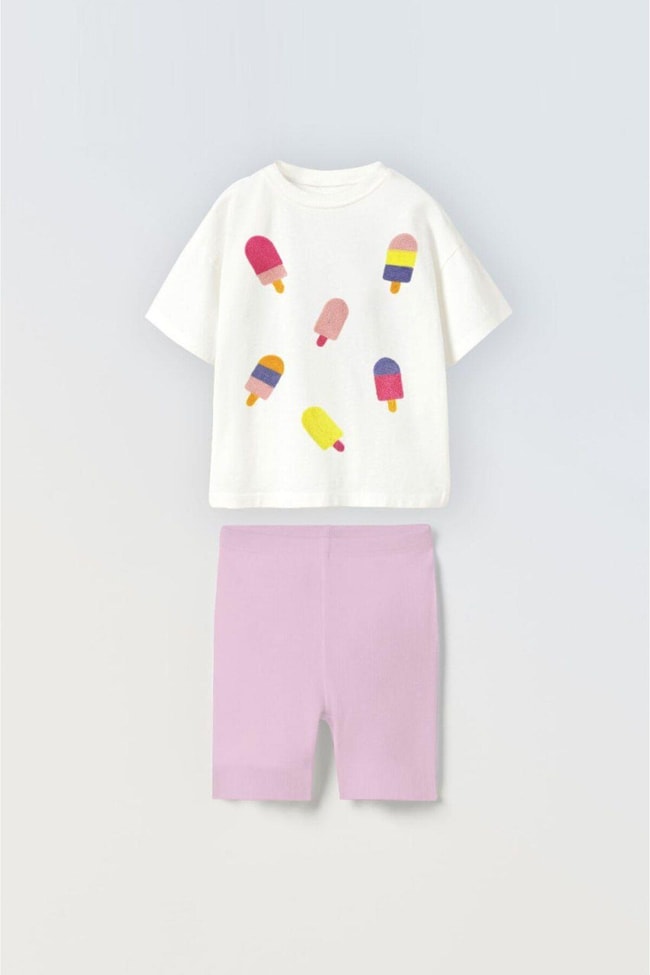 Kız Çocuk Süzezne Kumaş Dondurma Desenli Pamuklu T-shirt Şort Alt-Üst Takım