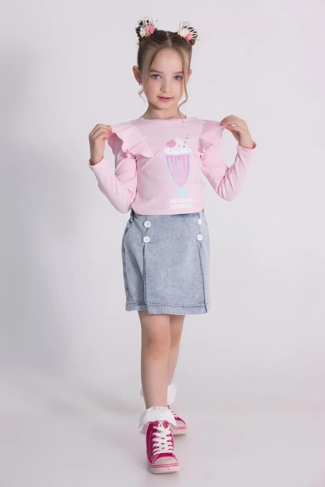 Kız Çocuk Uzun Kollu Kaşkorse Pamuklu Sweatshirt Kot Şort Etek Alt-Üst Takım