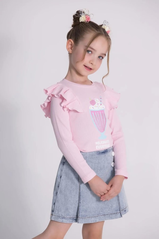 Kız Çocuk Uzun Kollu Kaşkorse Pamuklu Sweatshirt Kot Şort Etek Alt-Üst Takım