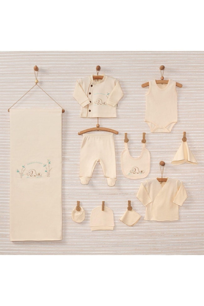 Unisex Bebek Bej Organic Elephant 10 Parça Yeni Doğan Hastane Çıkış Seti