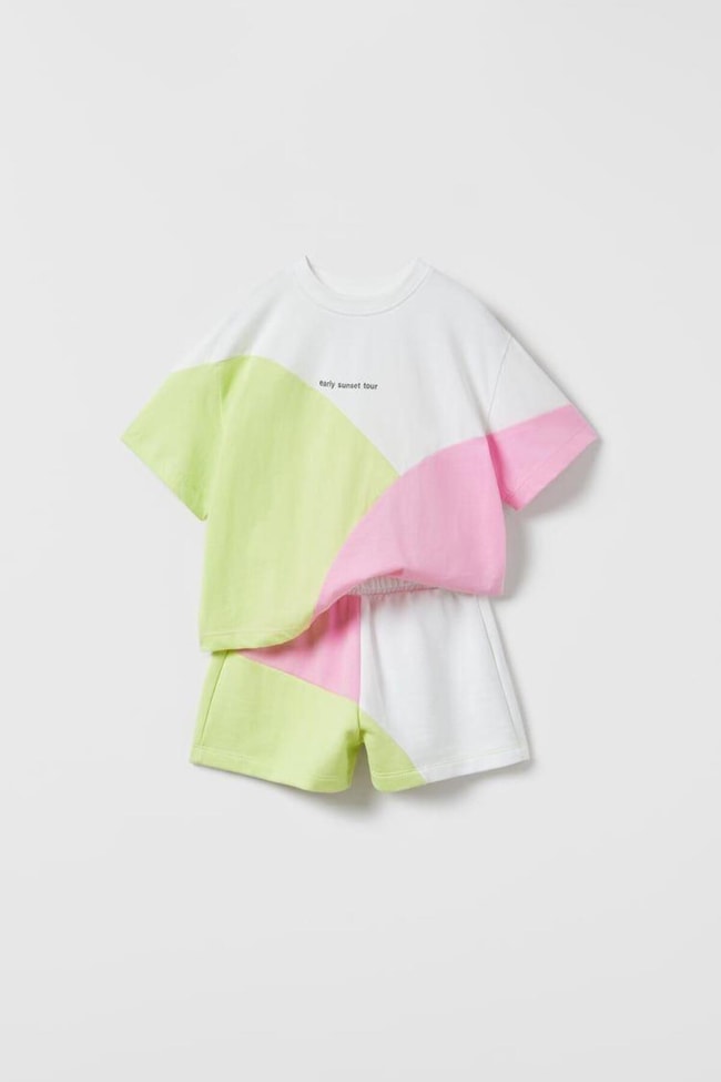 Unisex Çocuk Blok Desenli Pamuklu T-shirt Şort Alt-Üst Takım