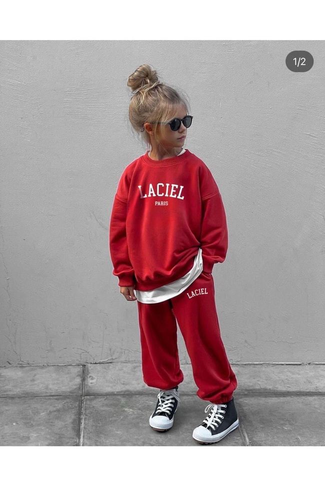 Unisex Çocuk Slogan Desenli Pamuklu Sweatshirt Eşofman Tayt Alt-Üst Takım