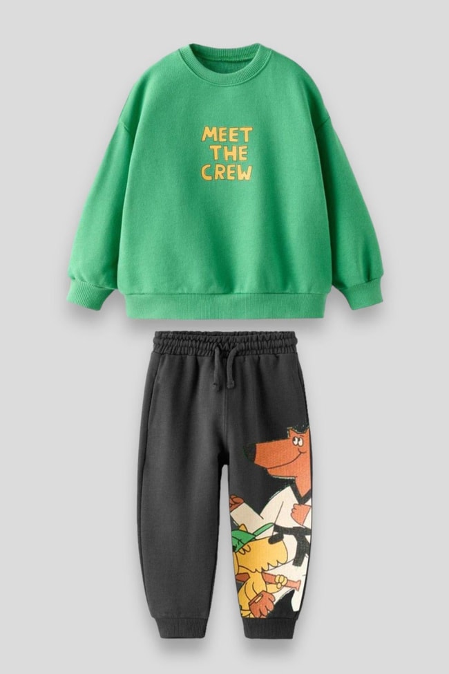 Unisex Çocuk Yeşil Hayvan Desenli Pamuklu Sweatshirt Eşofman Alt-Üst Takım