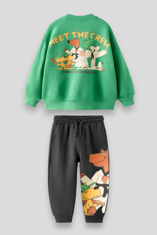 Unisex Çocuk Yeşil Hayvan Desenli Pamuklu Sweatshirt Eşofman Alt-Üst Takım