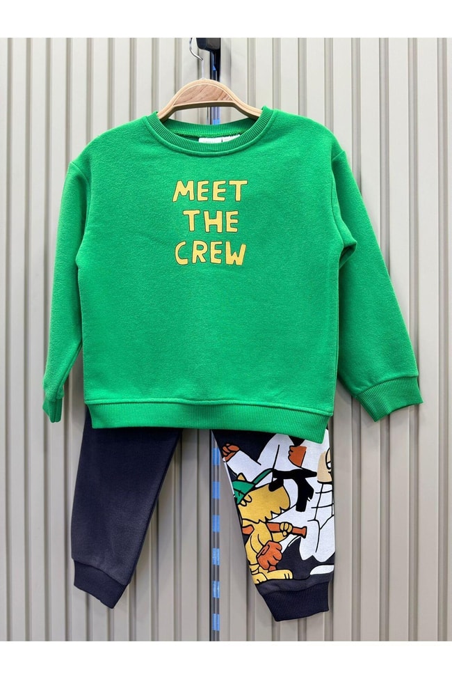 Unisex Çocuk Yeşil Hayvan Desenli Pamuklu Sweatshirt Eşofman Alt-Üst Takım