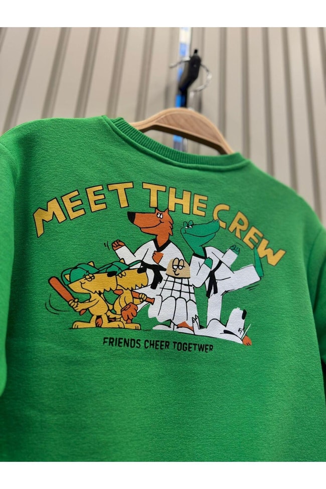 Unisex Çocuk Yeşil Hayvan Desenli Pamuklu Sweatshirt Eşofman Alt-Üst Takım