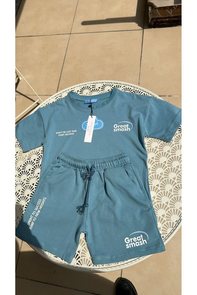 Unisex Mavi Kolej Desenli Pamuklu T-shirt Şort Alt-Üst Takım