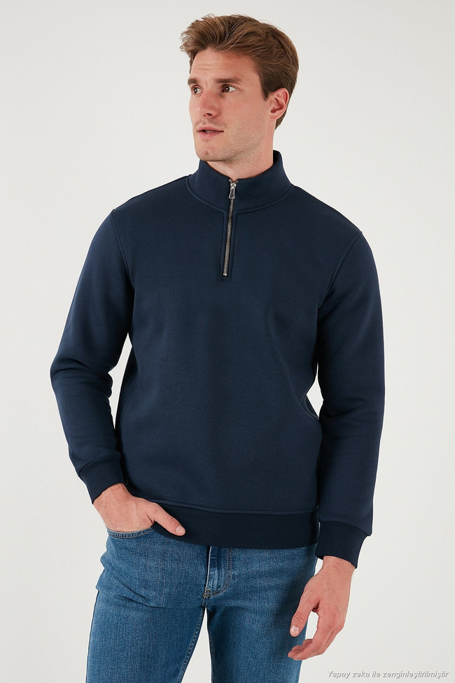 Pamuklu Regular Fit Dik Yaka Şardonlu 2li Paket Erkek Sweat 59052592S2 Ekru-Koyu Lacivert