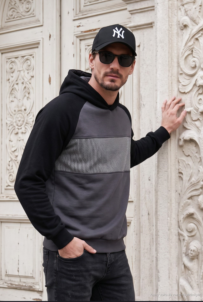 Pamuklu Regular Fit Renk Bloklu Kapüşonlu Erkek Sweat 5905771 SİYAH