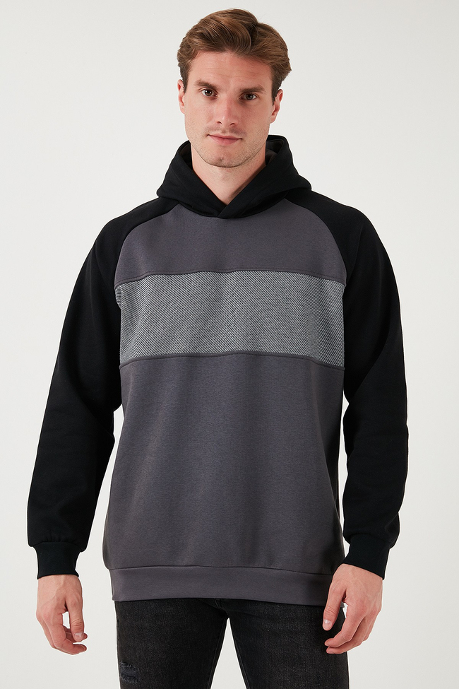 Pamuklu Regular Fit Renk Bloklu Kapüşonlu Erkek Sweat 5905771 SİYAH