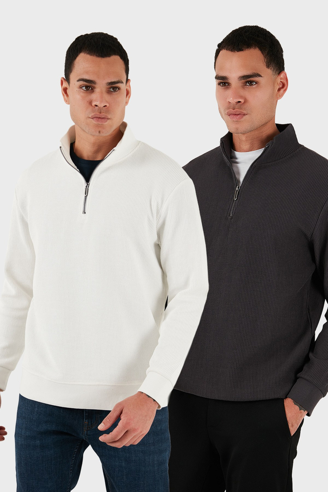 Pamuklu Regular Fit Yarım Fermuarlı Dik Yaka 2li Paket Erkek Sweat 5905716S2 Antrasit-Ekru