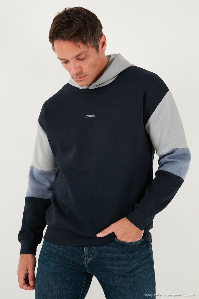 Pamuklu Relaxed Fit Kapüşonlu İçi Tüylü Yumuşak Şardonlu Erkek Sweat 5905299 KOYU LACİVERT