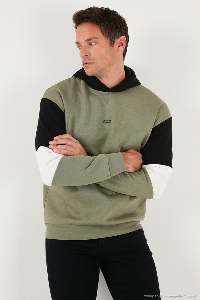 Pamuklu Relaxed Fit Kapüşonlu İçi Tüylü Yumuşak Şardonlu Erkek Sweat 5905299 HAKİ