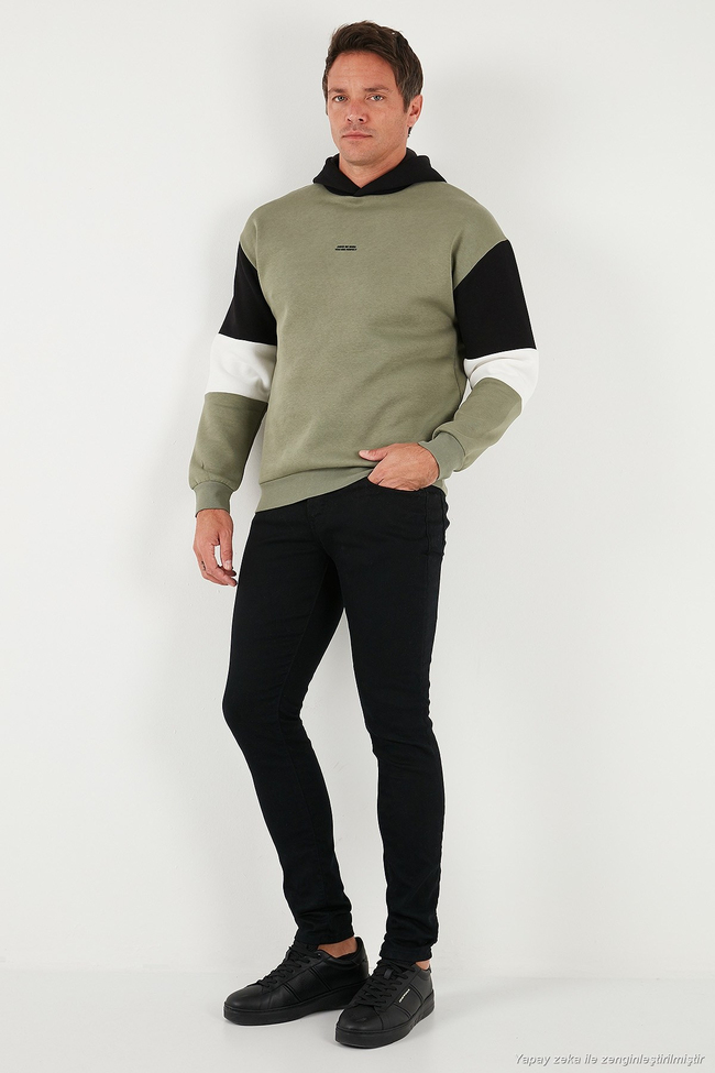 Pamuklu Relaxed Fit Kapüşonlu İçi Tüylü Yumuşak Şardonlu Erkek Sweat 5905299 HAKİ