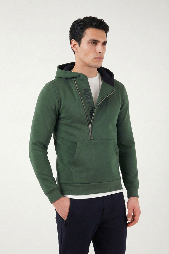 Pamuklu Slim Fit Kanguru Cepli Fermuar Detaylı Kapüşon Yaka Erkek Sweat 575707 NEFTİ