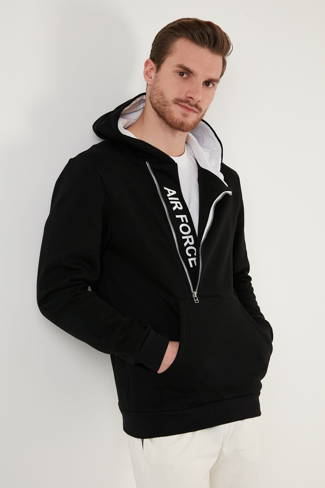 Pamuklu Slim Fit Kanguru Cepli Fermuar Detaylı Kapüşon Yaka Erkek Sweat 575707 SİYAH-SİYAH