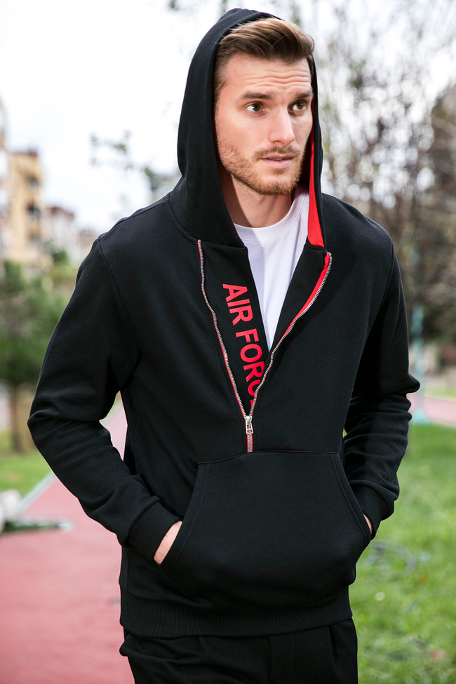 Pamuklu Slim Fit Kanguru Cepli Fermuar Detaylı Kapüşon Yaka Erkek Sweat 575707 SİYAH-KIRMIZI