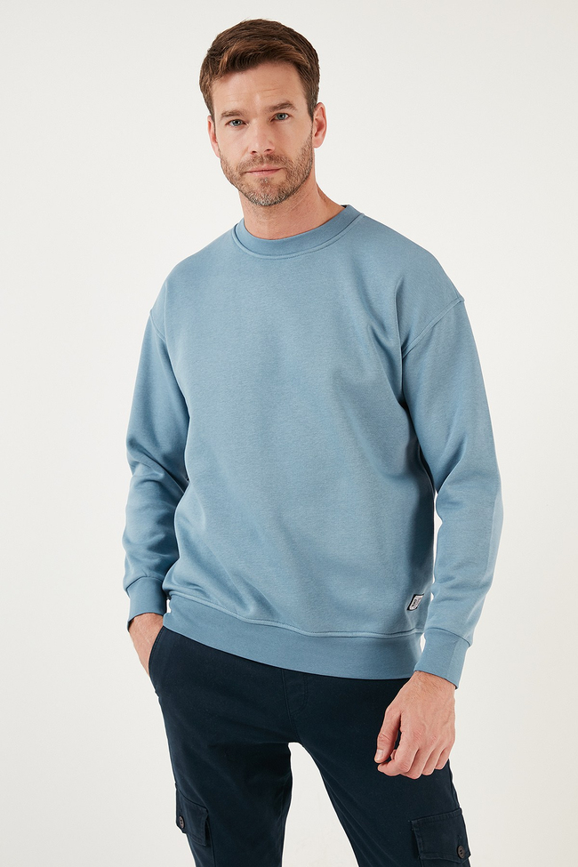 Regular Fit Bisiklet Yaka Pamuklu İçi Tüylü Yumuşak Şardonlu Erkek Sweat 5905255 MAVİ