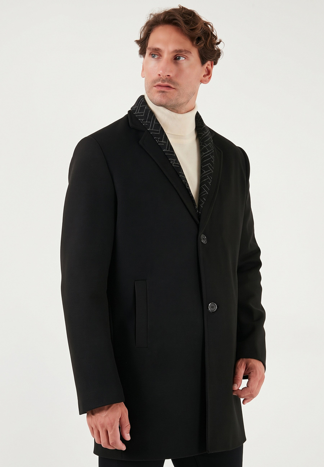 Yırtmaçlı Slim Fit Mono Yaka Kaşe Erkek Kaban 58400589 SİYAH