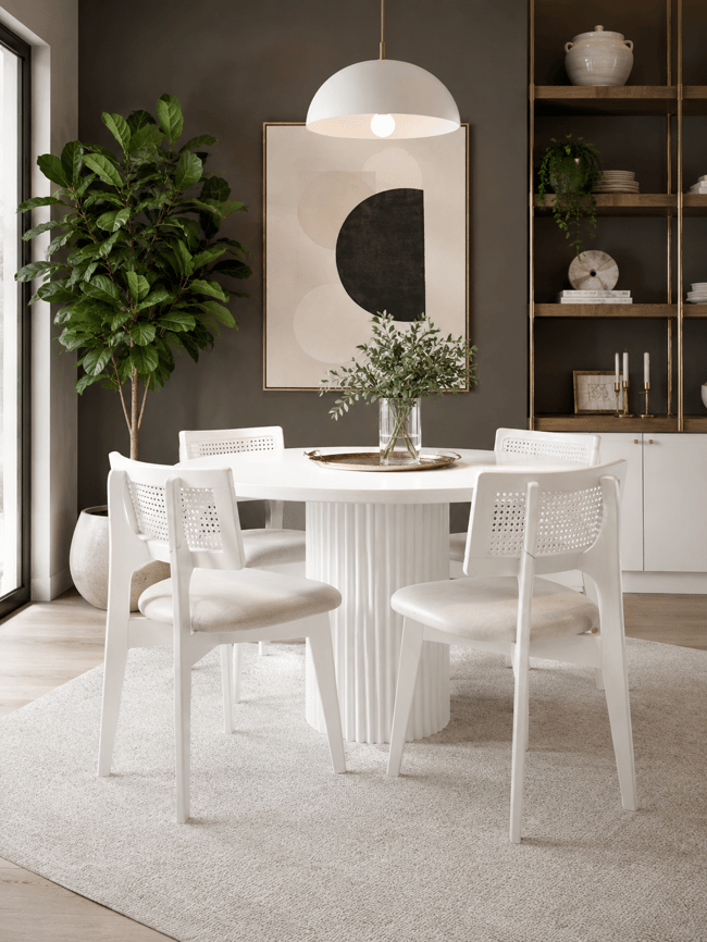 DekuvaDekuva Boss Beyaz Lake Mat 100 cm Sabit Yuvarlak Hazeran Sandalyeli Yemek Masası Takımı009876
