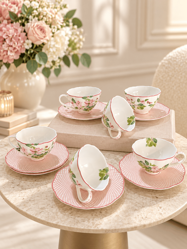 DekuvaDekuva Ze Gallert Tea Delight Horticool Pembe Desenli 12 Parça 6 Kişilik Kahve Fincanı Takımı40hc2