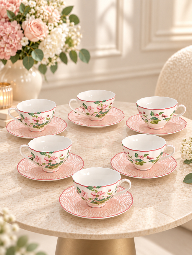DekuvaDekuva Ze Gallert Tea Delight Horticool Pembe Desenli 12 Parça 6 Kişilik Kahve Fincanı Takımı40hc2