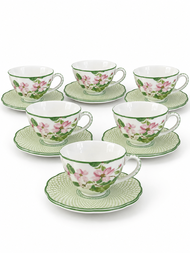 DekuvaDekuva Ze Gallert Tea Delight Yeşil Çiçekli 12 Parça 6 Kişilik Kahve Fincanı Takımı40hc1