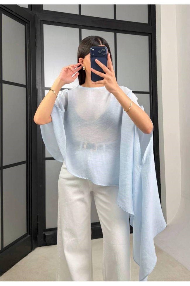 kadın Asimetrik Kesim Yarasa Kol Şifon Bluz