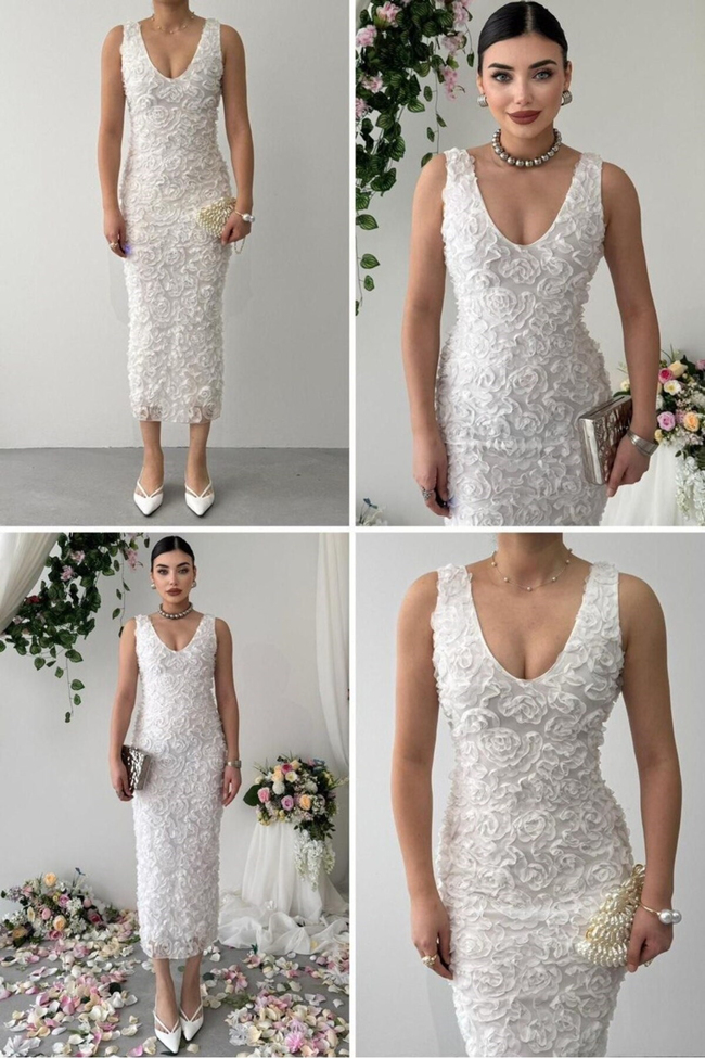 Kadın Beyaz 3D Gül Kabartmalı V Yaka Nikah ve Nişan Elbisesi