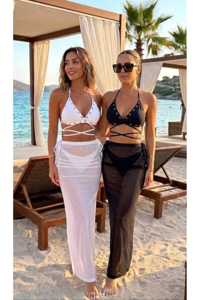 Kadın Beyaz Bağlama Detaylı 3'lü Plaj Seti - Bikini Üstü- Altı ve Tül Etek