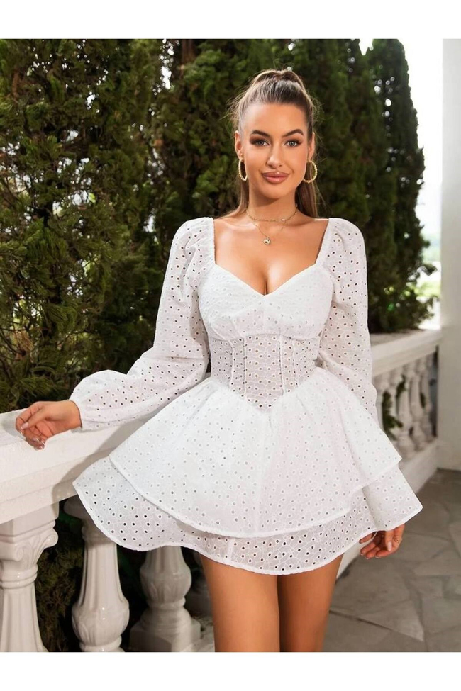 Kadın Beyaz Fisto Nakışlı Kare Yaka Korseli Mini Elbise - Kat Kat Etekli Prenses Model