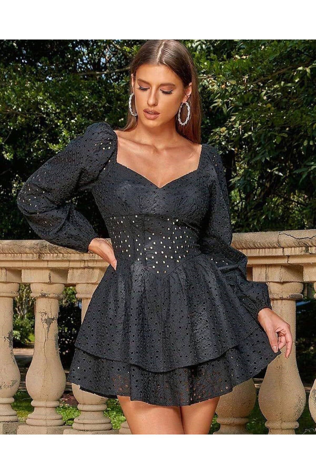 Kadın Beyaz Fisto Nakışlı Kare Yaka Korseli Mini Elbise - Kat Kat Etekli Prenses Model